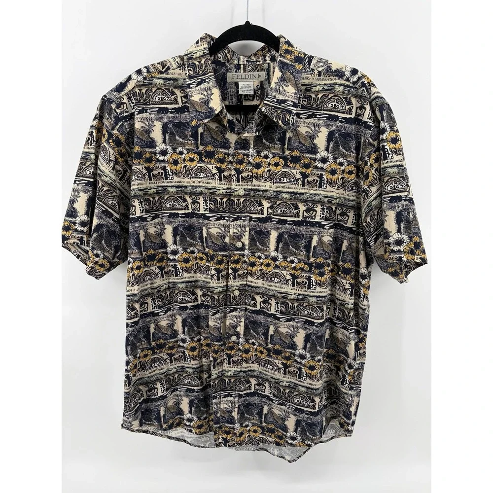 Feldini Vintage, SS Button Down Shirt, Geometric & Floral Pattern, Men XL
